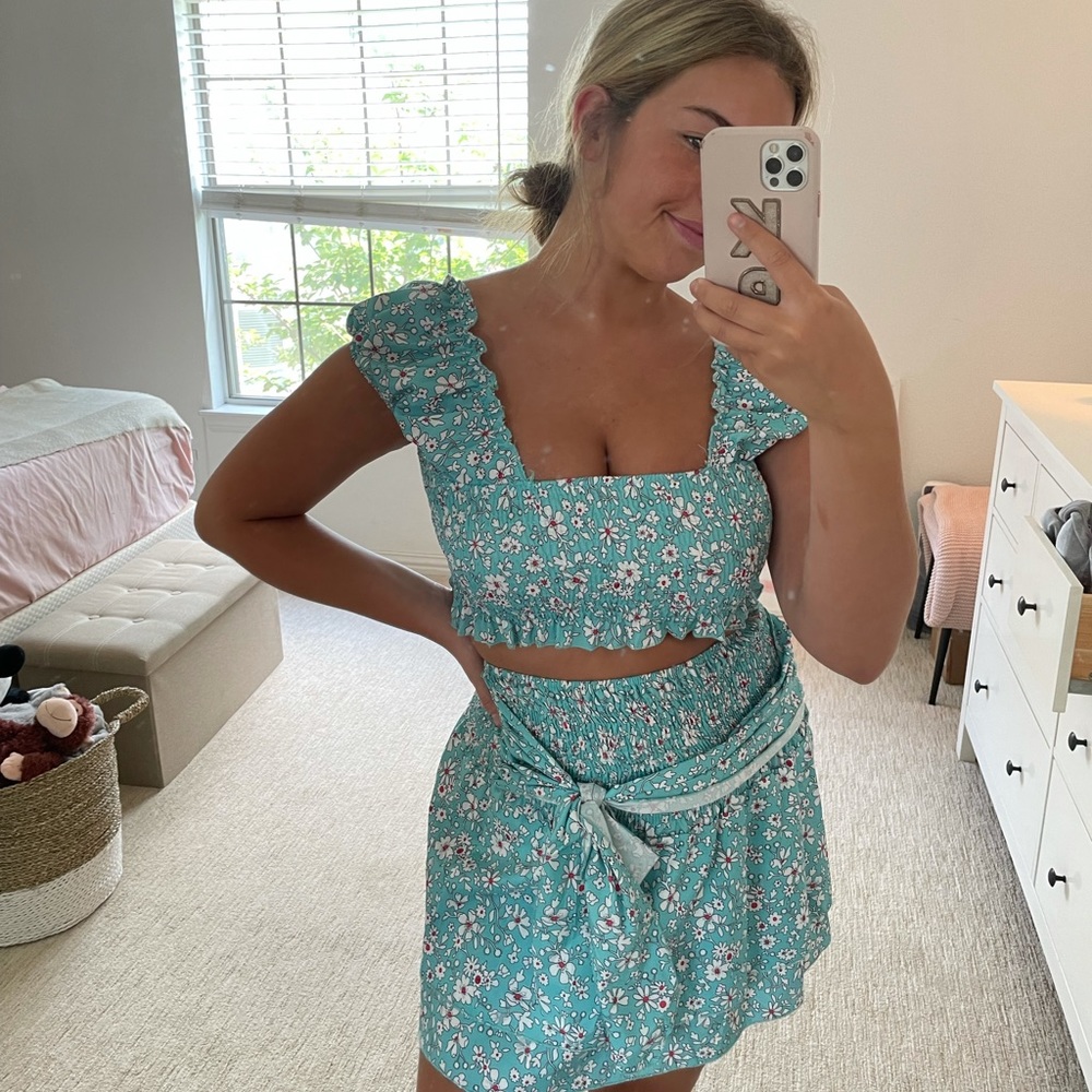 Teal crop and skirt set